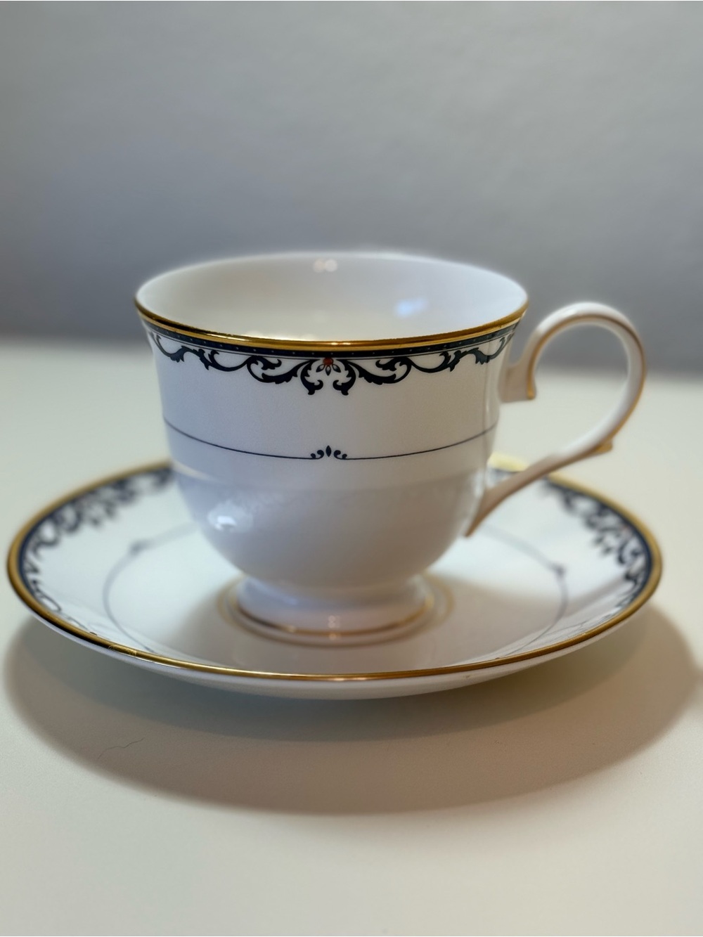 Lenox Royal Scroll Footed Cup and Saucer Set White Navy Blue Gold Fine China USA